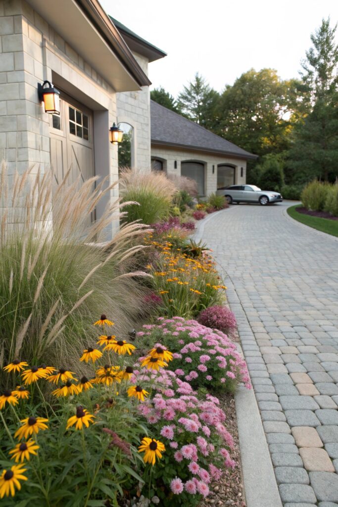 layered flower bed driveway entrance