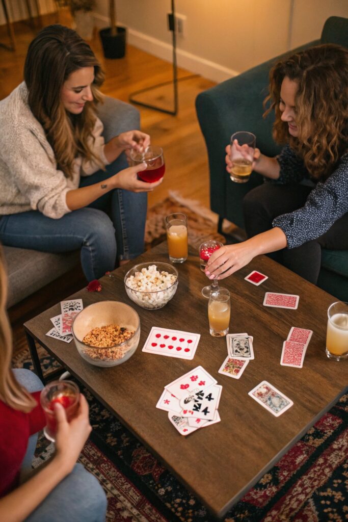 "Friends playing card game together at cozy Galentine's Day gathering"