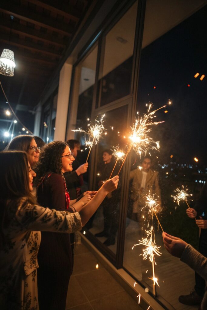 12 New Year's Eve Party Ideas That Everyone Will Remember "Guests holding lit sparklers together during New Year's Eve midnight countdown"