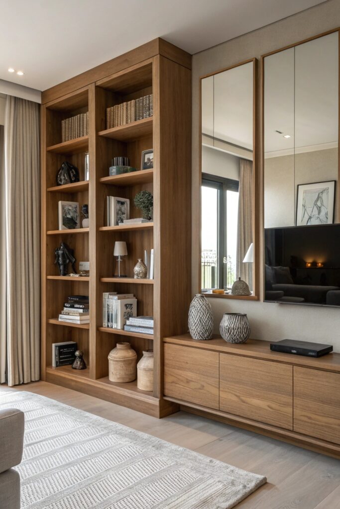 layer mirrors behind open shelving living room