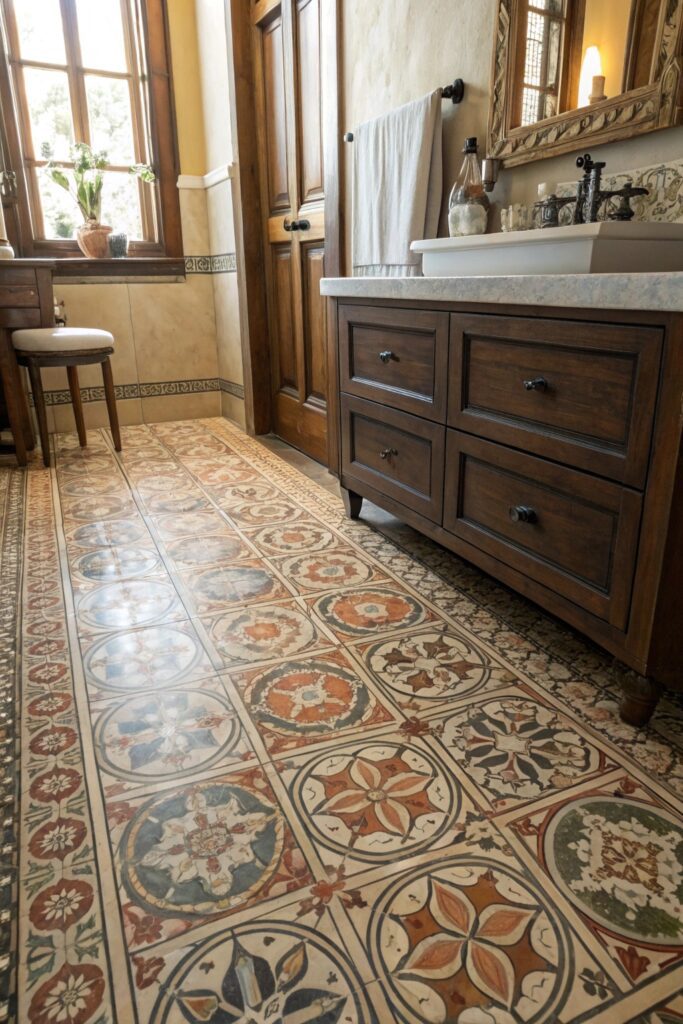 11 Moody Vintage Bathroom Ideas That Blend Elegance With Charm patterned encaustic tile moody bathroom