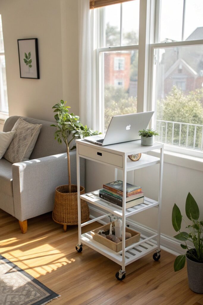 12 Home Office Ideas That Boost Productivity in Small Spaces rolling desk cart small space office