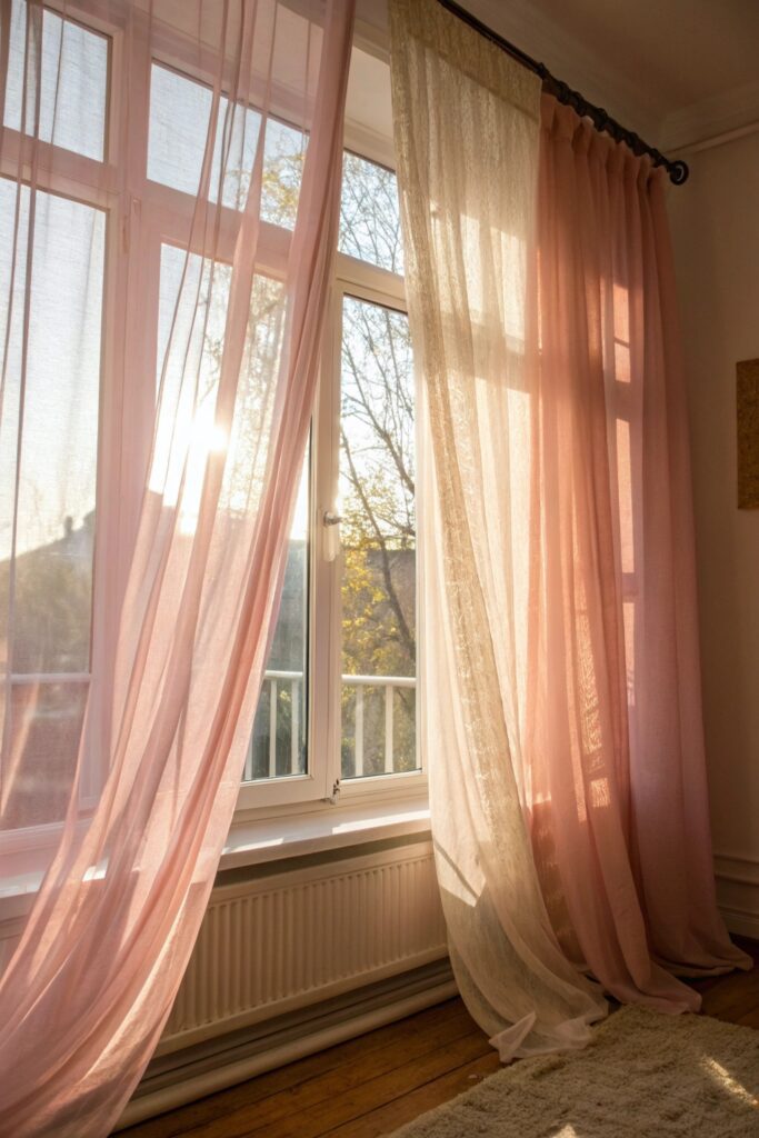 12 Pink Dorm Room Ideas That Are Cute and Stylish soft pink curtains dorm room window