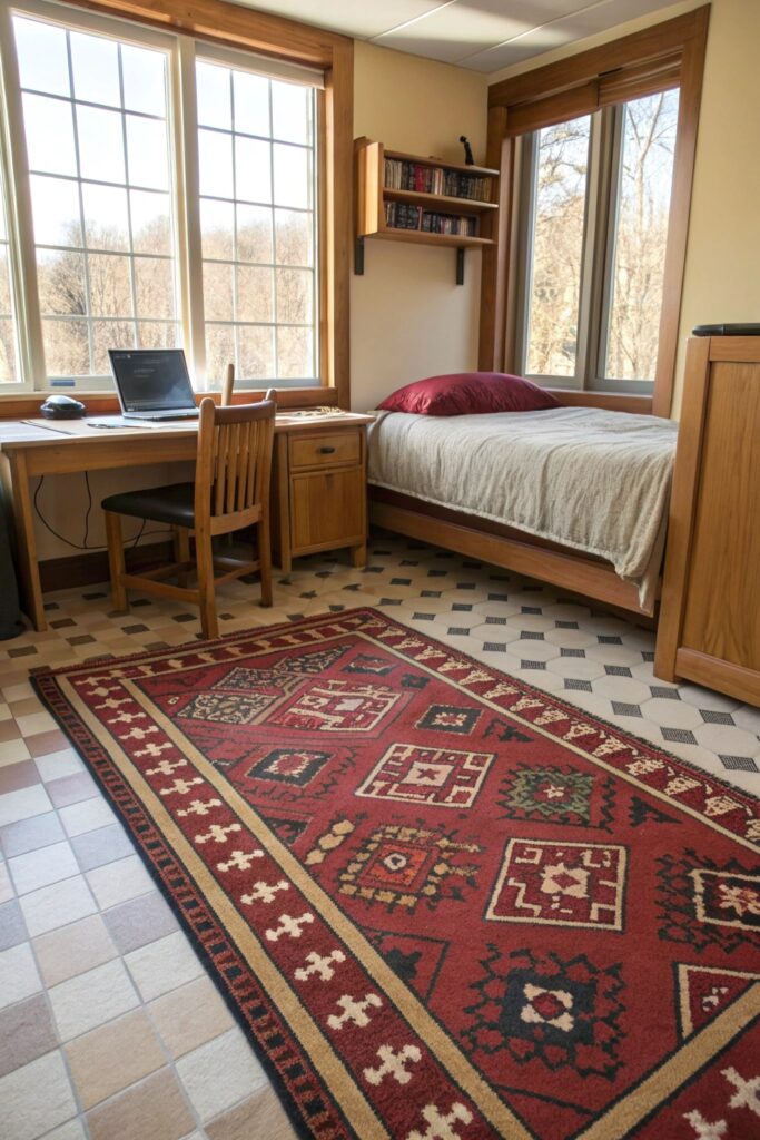 statement area rug dorm room floor