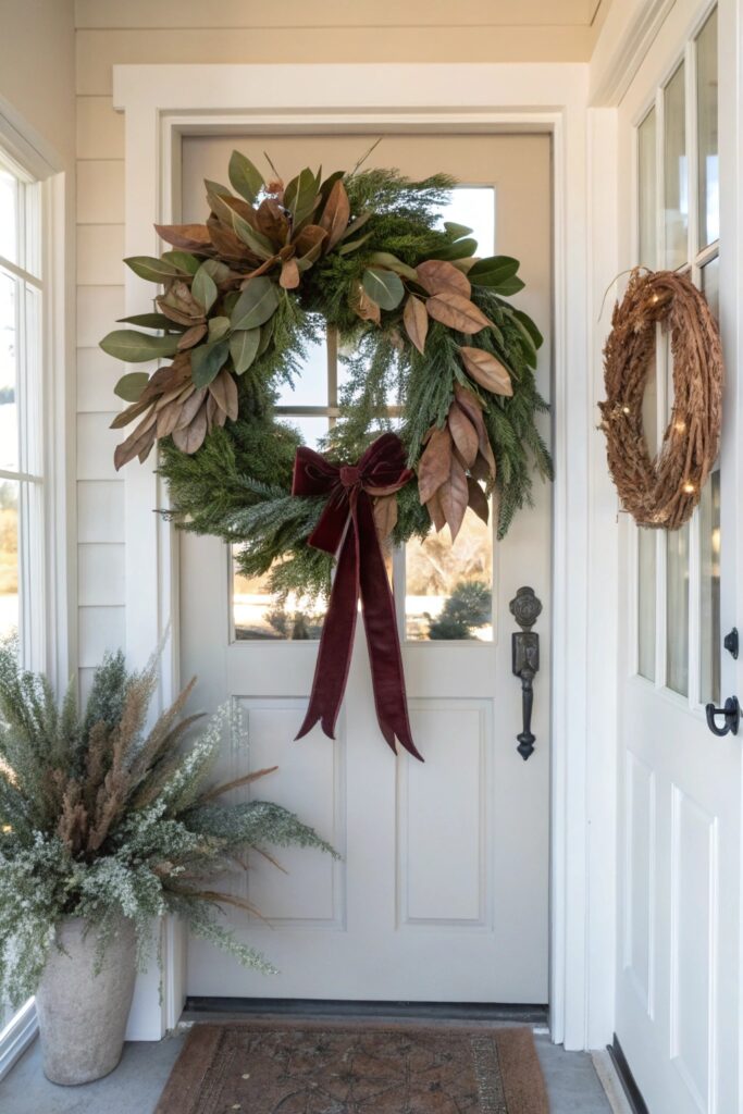 10 Minimalist Christmas Decorations for a Calm Holiday Home "Dried eucalyptus and magnolia leaf wreath with velvet ribbon, minimalist holiday decor"