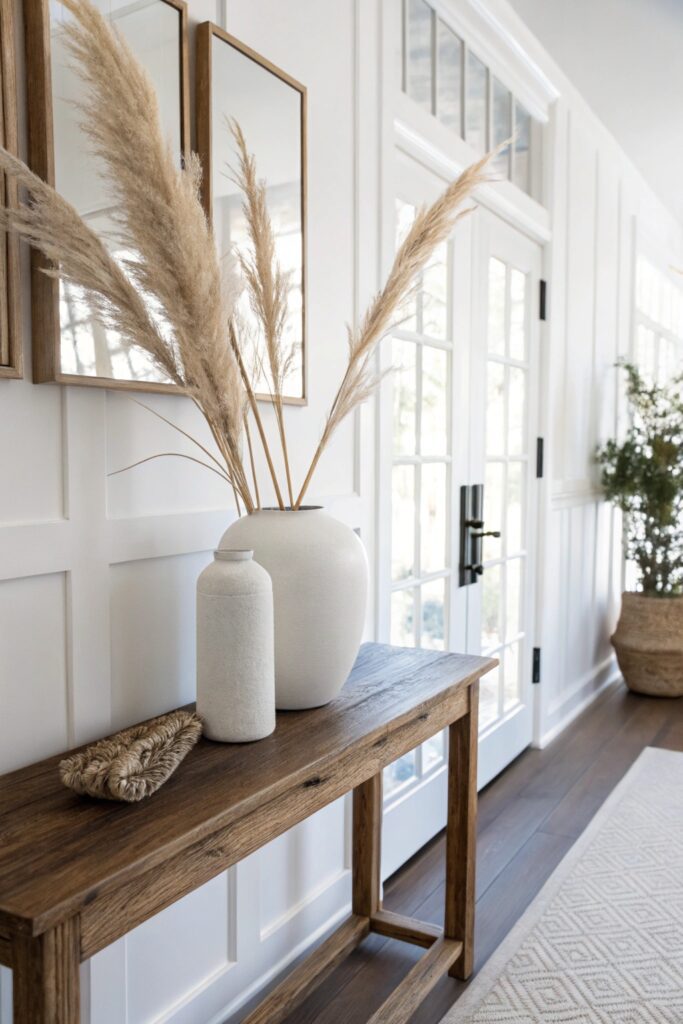 15 Pampas Grass Decor Ideas to Create a Cozy Modern Home minimalist ceramic vase console table pampas grass