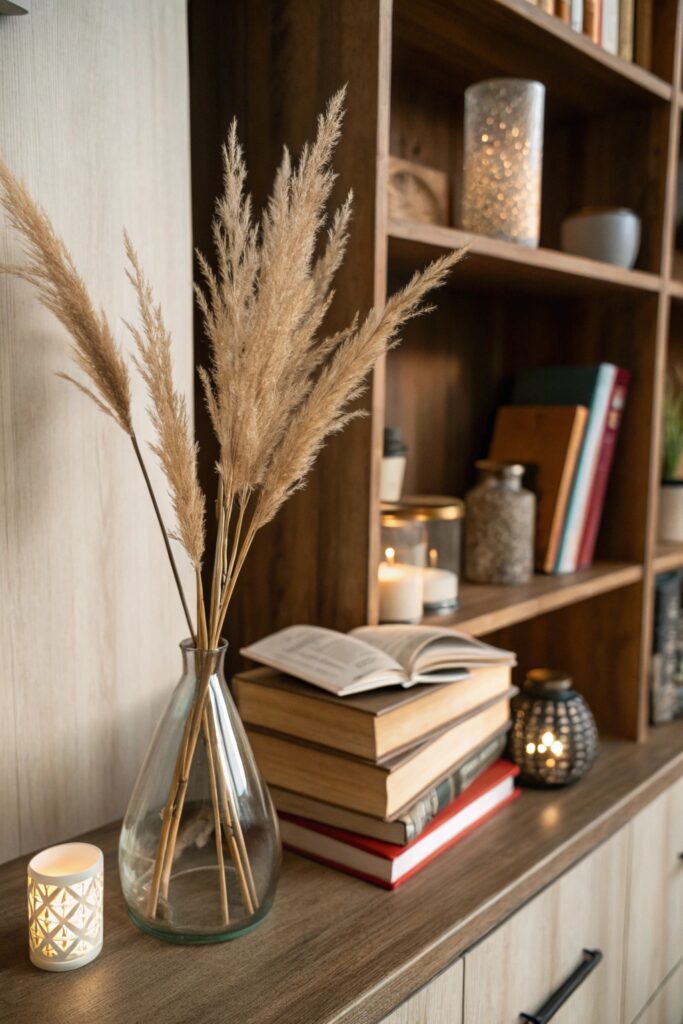 15 Pampas Grass Decor Ideas to Create a Cozy Modern Home pampas grass bookshelf styling