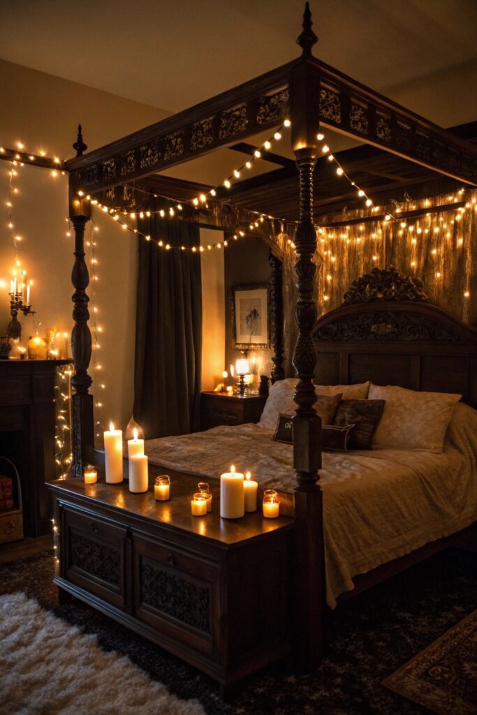 12 Whimsy Goth Bedroom Ideas for a Dark Yet Cozy Aesthetic candlelight warm ambient lighting whimsy goth bedroom