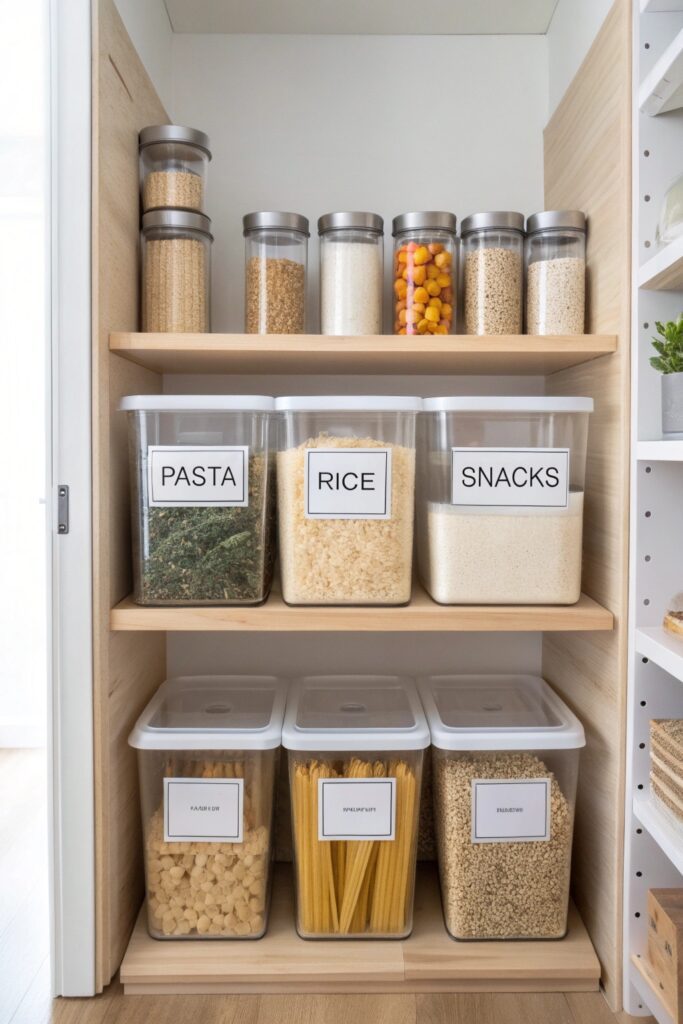 15 Kitchen Organization Hacks That Save Time and Space stackable clear bins pantry items kitchen