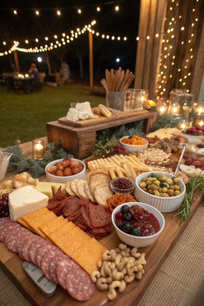 12 New Year's Eve Party Ideas That Everyone Will Remember "DIY charcuterie grazing table with cheese, meats, and crackers for party"