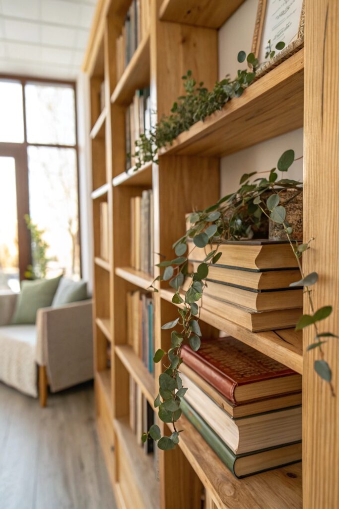 10 Faux Eucalyptus Decor Ideas That Look Surprisingly Real tuck stems bookshelves eucalyptus decor