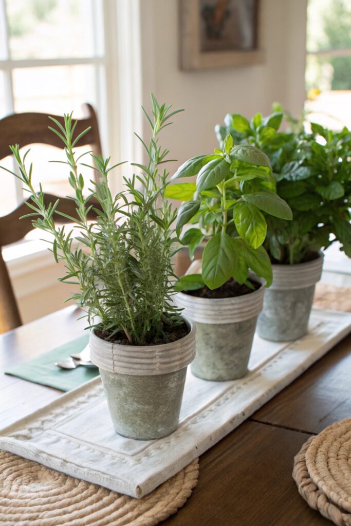 15 Dining Table Centerpiece Ideas That Make Every Meal Feel Special fresh herbs small pots dining table centerpiece