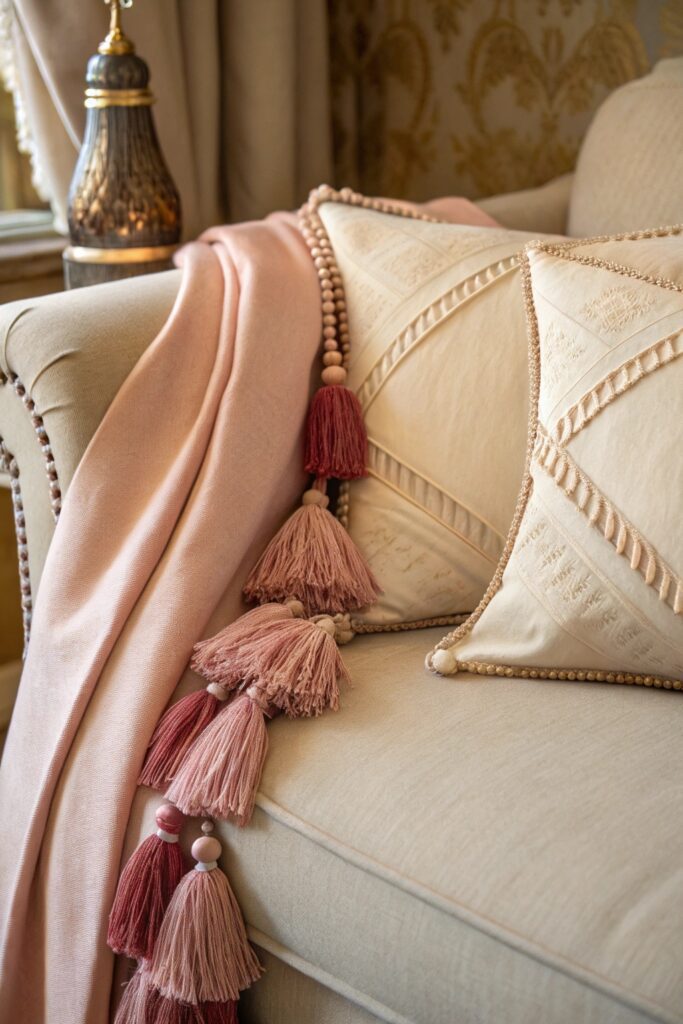 "Sofa styled with fringed throw pillows and tasseled curtain tiebacks for cozy decor"