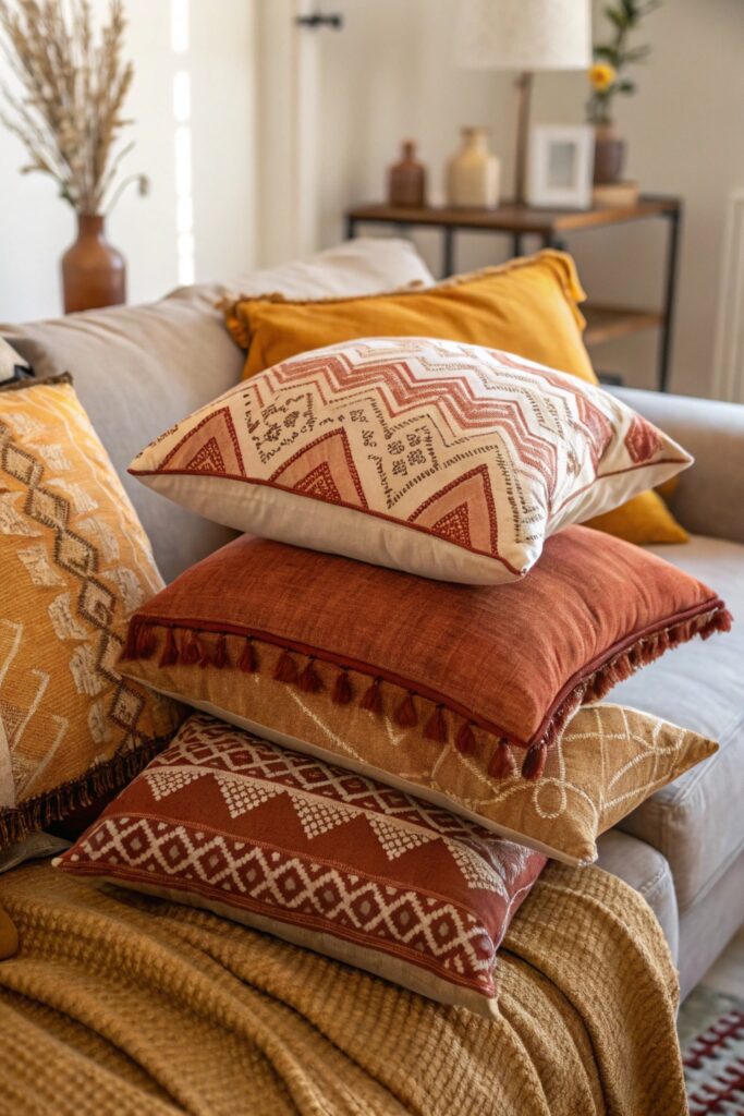 15 Modern Bohemian Living Room Ideas You'll Fall in Love With layered throw pillows earthy tones boho living room