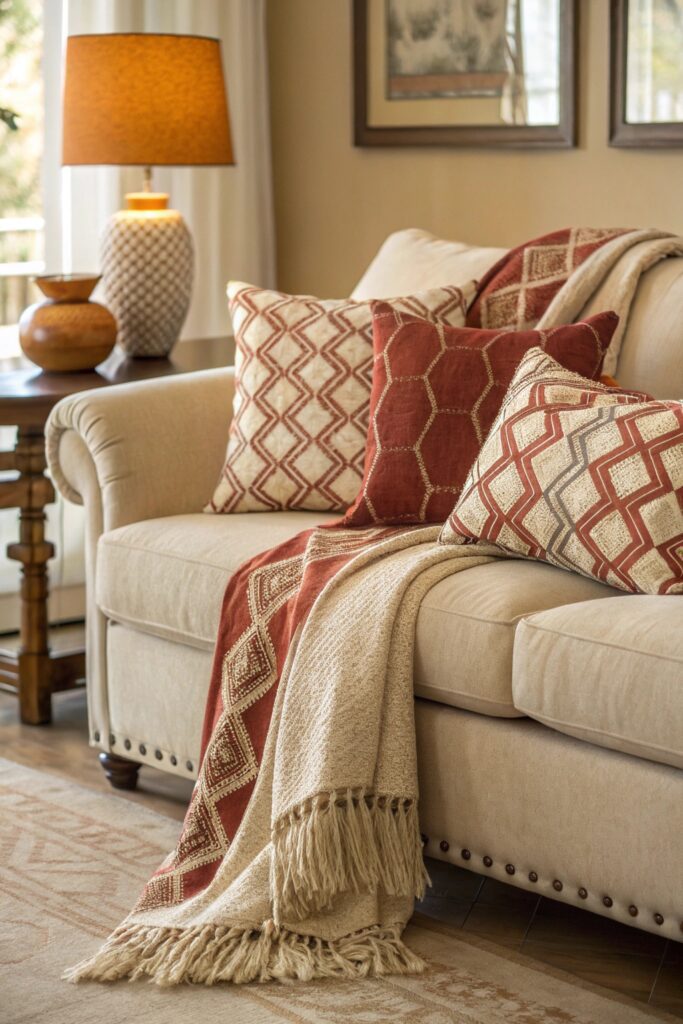 12 Ways to Decorate a Couch With Throw Blankets Like a Designer layering patterned throw pillow set couch