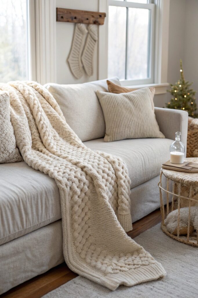 10 Minimalist Christmas Decorations for a Calm Holiday Home "Sofa styled with chunky cream knit throw and linen runner for minimalist Christmas"