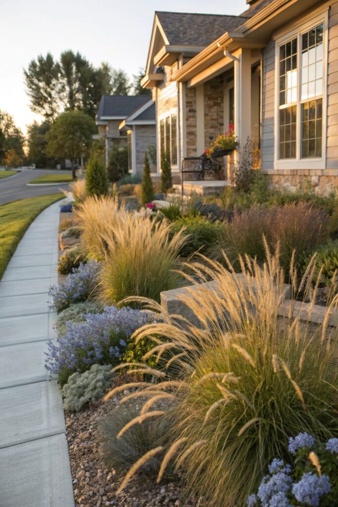 15 Flower Beds in Front of House Ideas That Look Gorgeous Year-Round ornamental grasses texture flower bed