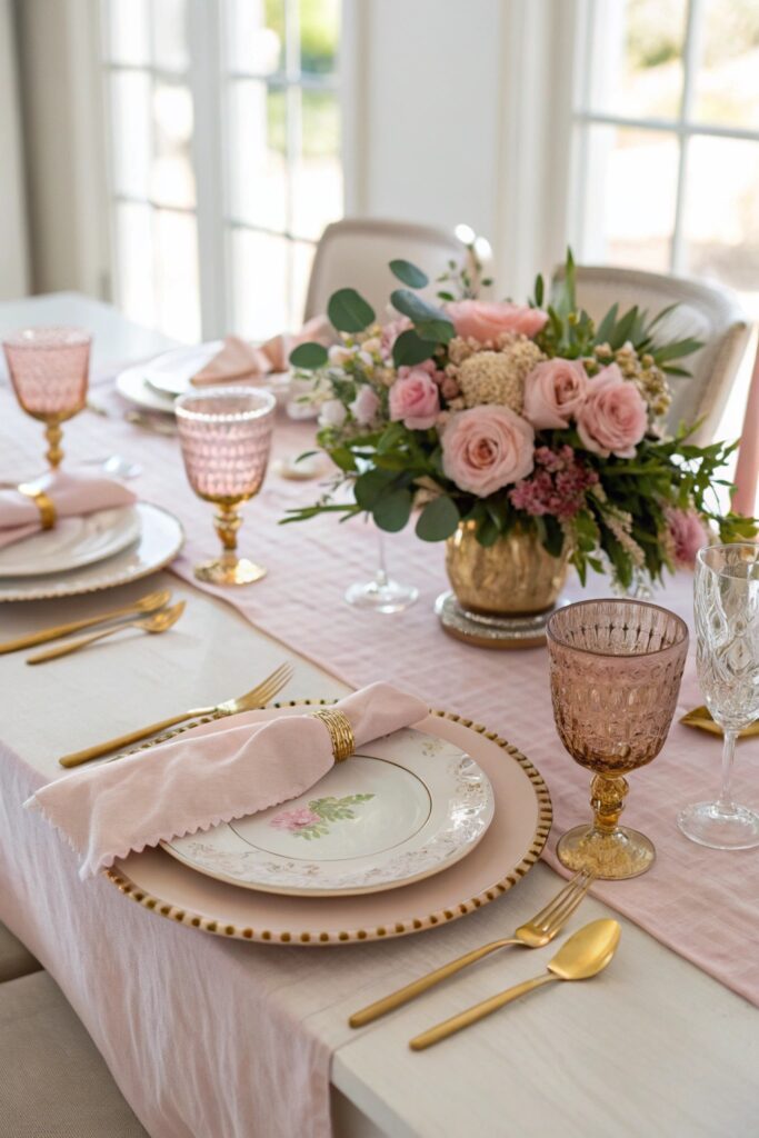 "Pink and gold tablescape with floral centerpiece for Galentine's Day party"