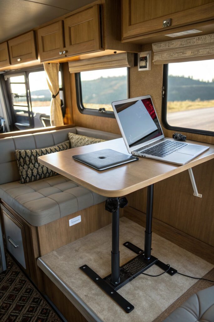 10 RV Home Office Inspiration Ideas for Working From Anywhere RV standing desk converter compact workspace