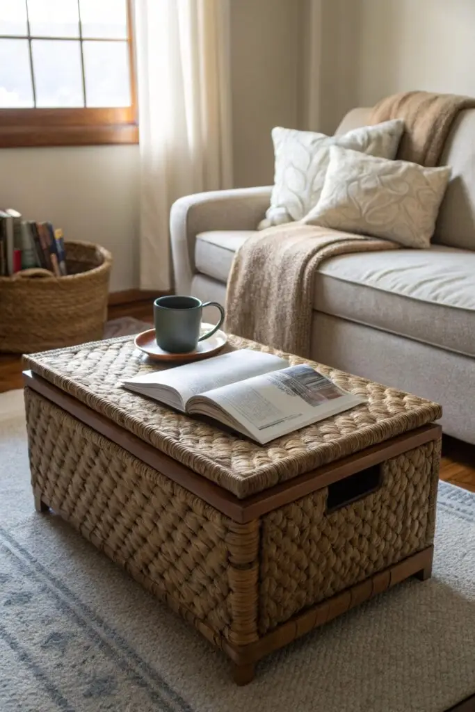 11 College Apartment Living Room Ideas That Are Stylish and Budget-Friendly storage ottoman coffee table college apartment