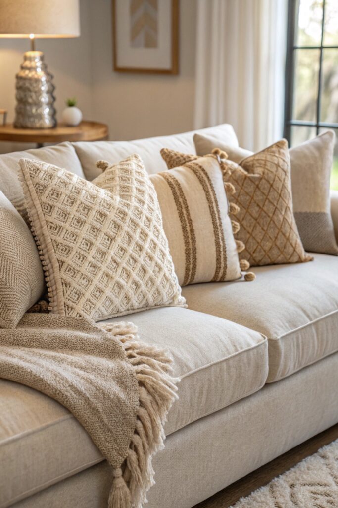 textured throw pillows depth neutral living room