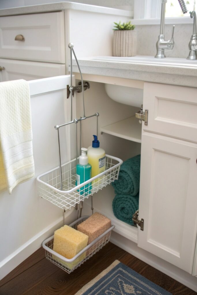 15 Budget-Friendly Organizing Ideas That Instantly Reduce Clutter tension rod cabinet shower caddy hack