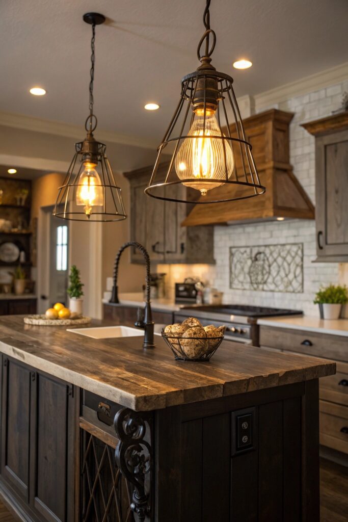 10 Moody Farmhouse Kitchen Ideas Full of Warmth and Character vintage inspired lighting moody farmhouse kitchen
