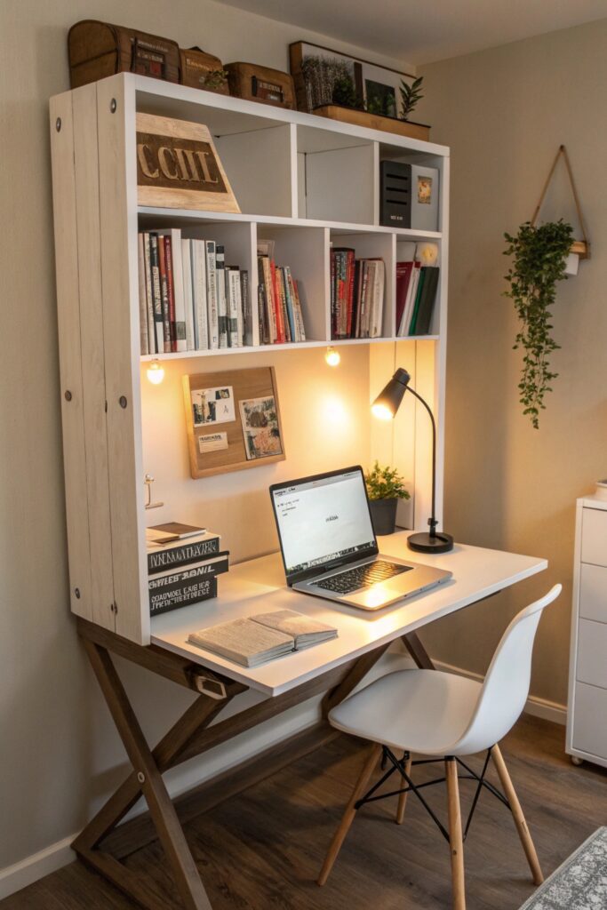 12 Home Office Ideas That Boost Productivity in Small Spaces wall mounted fold up desk shelving office
