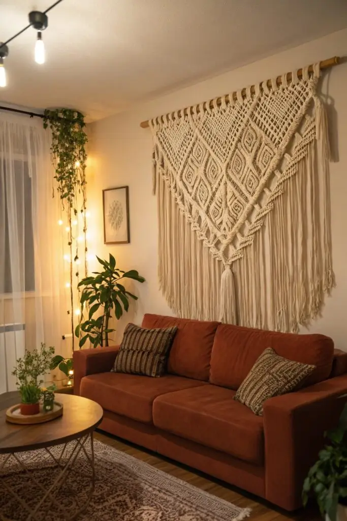 12 Above Couch Decor Ideas That Make Your Living Room Stand Out woven tapestry textile above couch