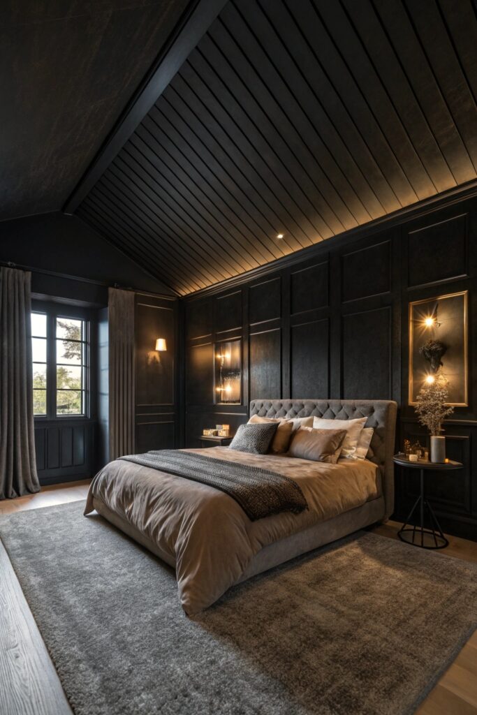 12 Black Themed Bedroom Ideas That Feel Bold, Modern, and Cozy black ceiling extra drama bedroom
