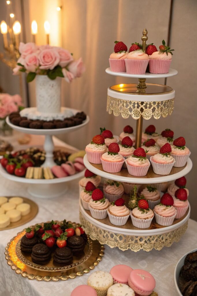 "Dessert bar with cupcakes and macarons on tiered stands for Galentine's Day"