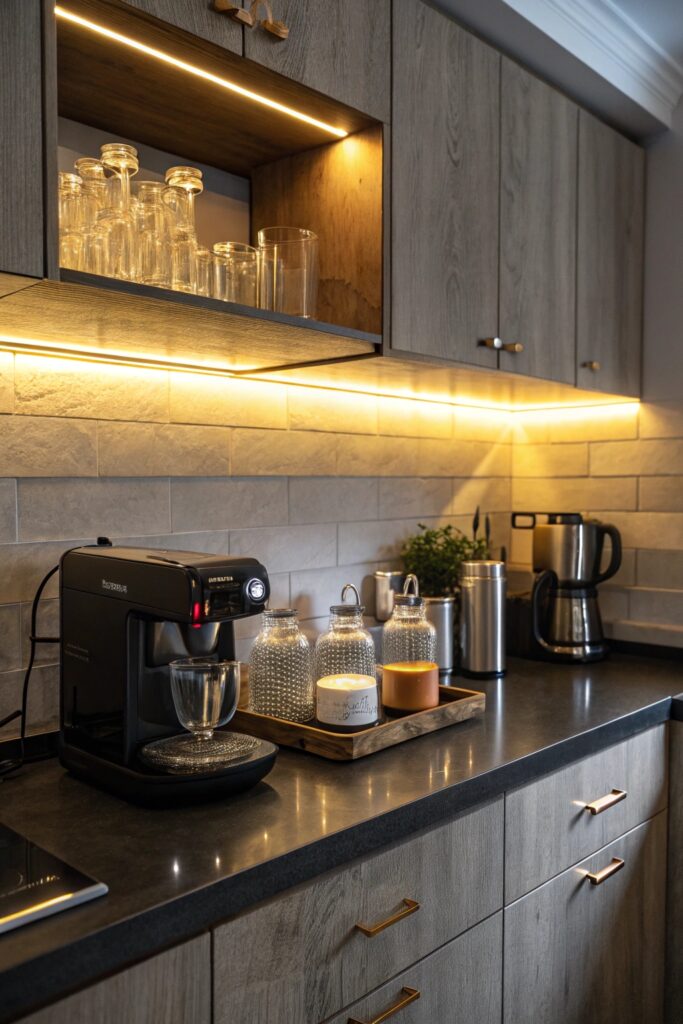 15 DIY Home Coffee Bar Ideas You'll Want to Copy This Weekend under cabinet lighting diy coffee bar