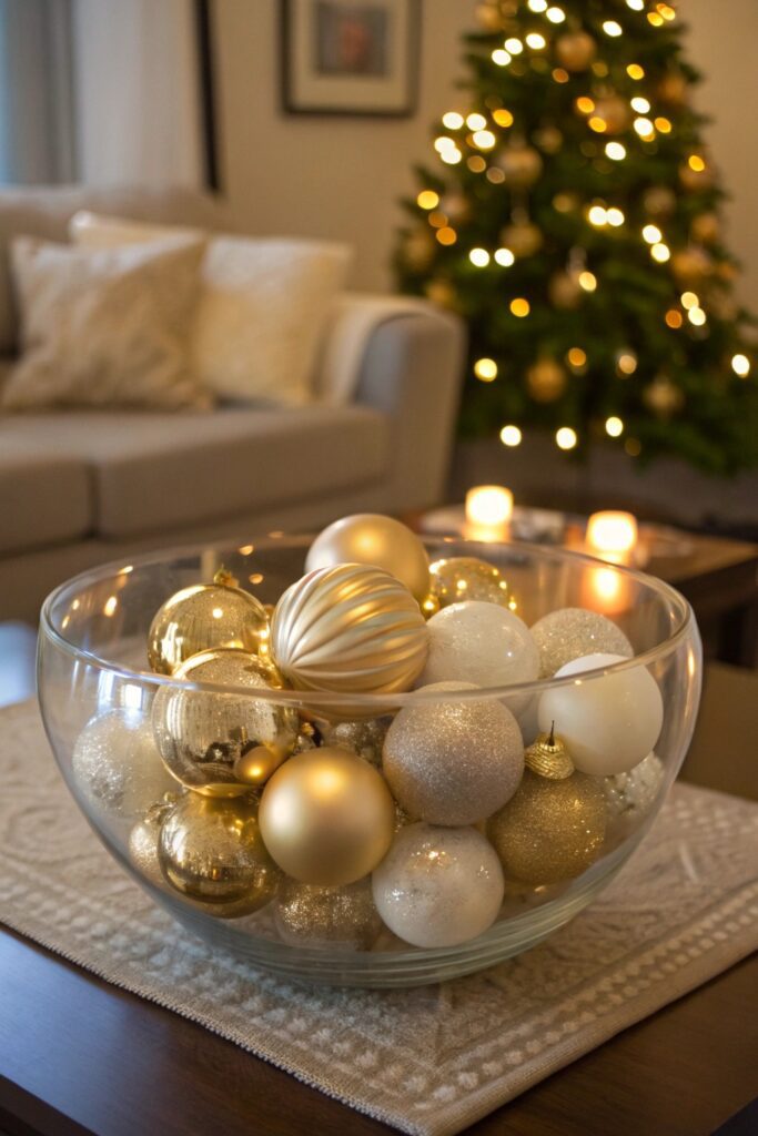 10 Minimalist Christmas Decorations for a Calm Holiday Home "Glass bowl filled with curated gold and cream Christmas ornaments on coffee table"