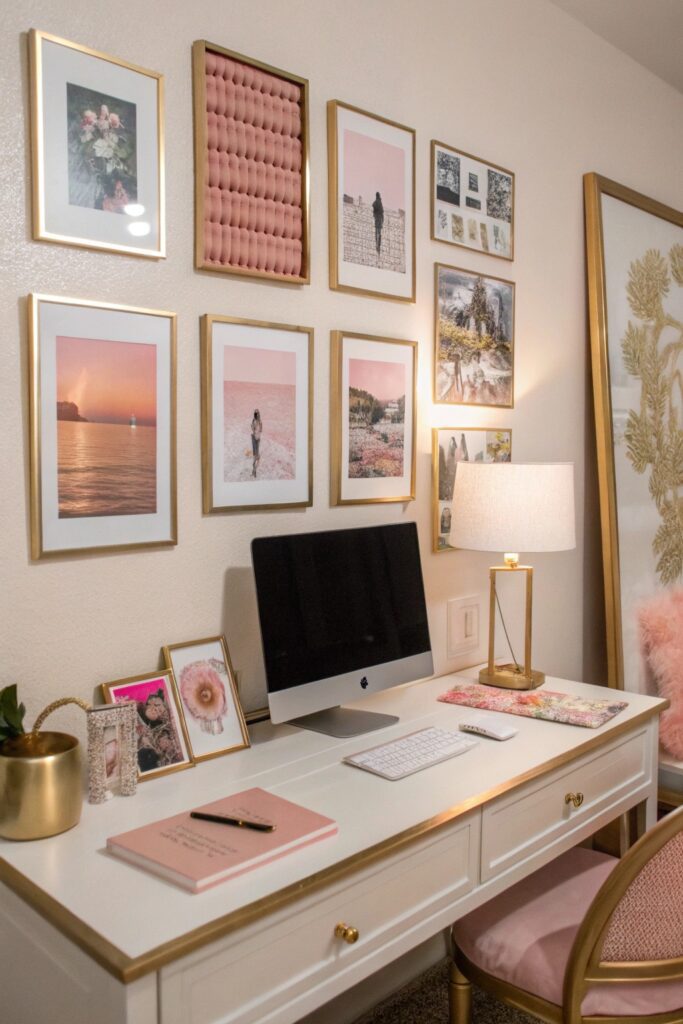 12 Pink Dorm Room Ideas That Are Cute and Stylish pink gallery wall dorm room frames