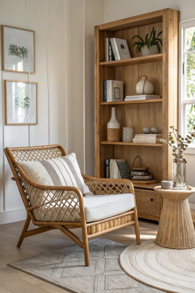 natural materials rattan wood neutral living room