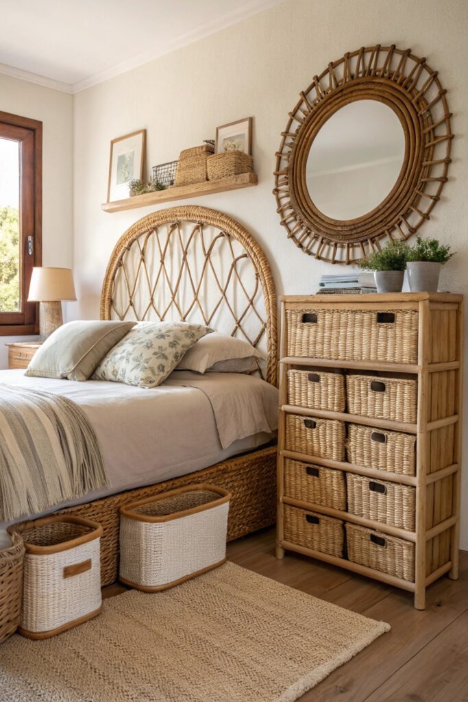 "Bedroom with rattan headboard and woven wicker baskets, natural texture decor"