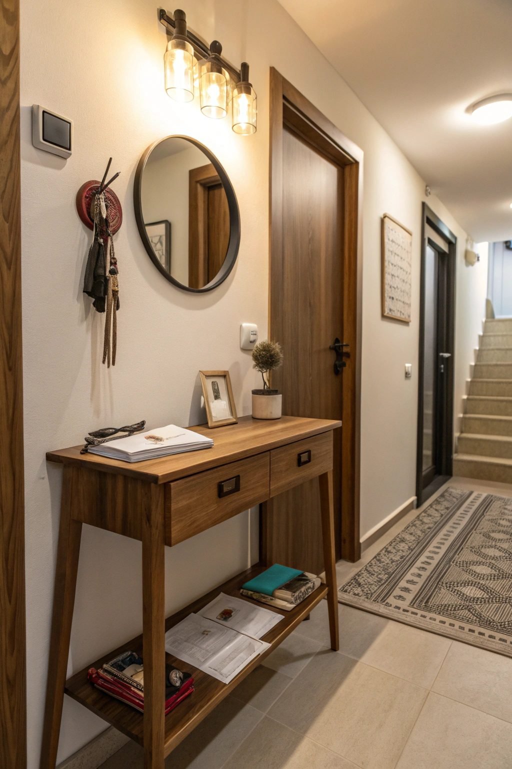 Console table in entryway with mirror and plants