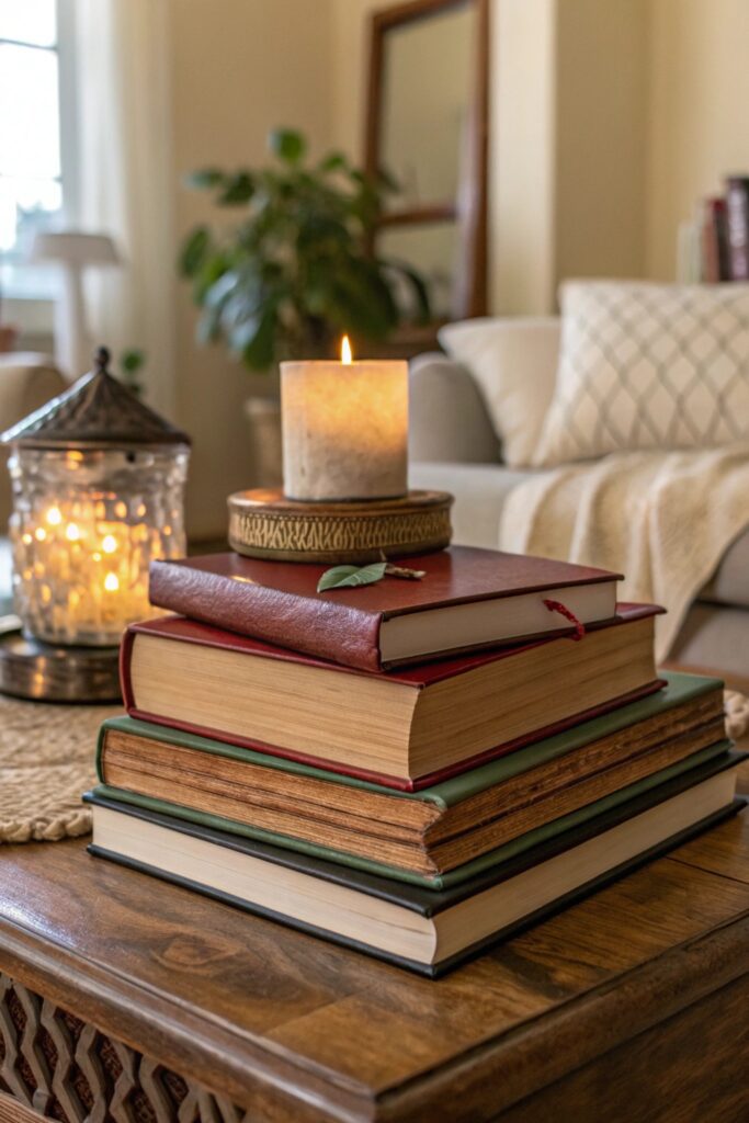 14 Cozy Home Decor Living Room Ideas for a Warm and Inviting Space stack books decor function cozy living room