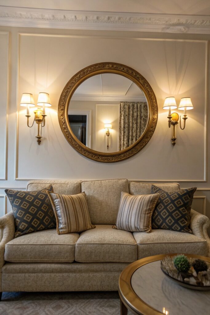 12 Above Couch Decor Ideas That Make Your Living Room Stand Out symmetry matching wall sconces above couch