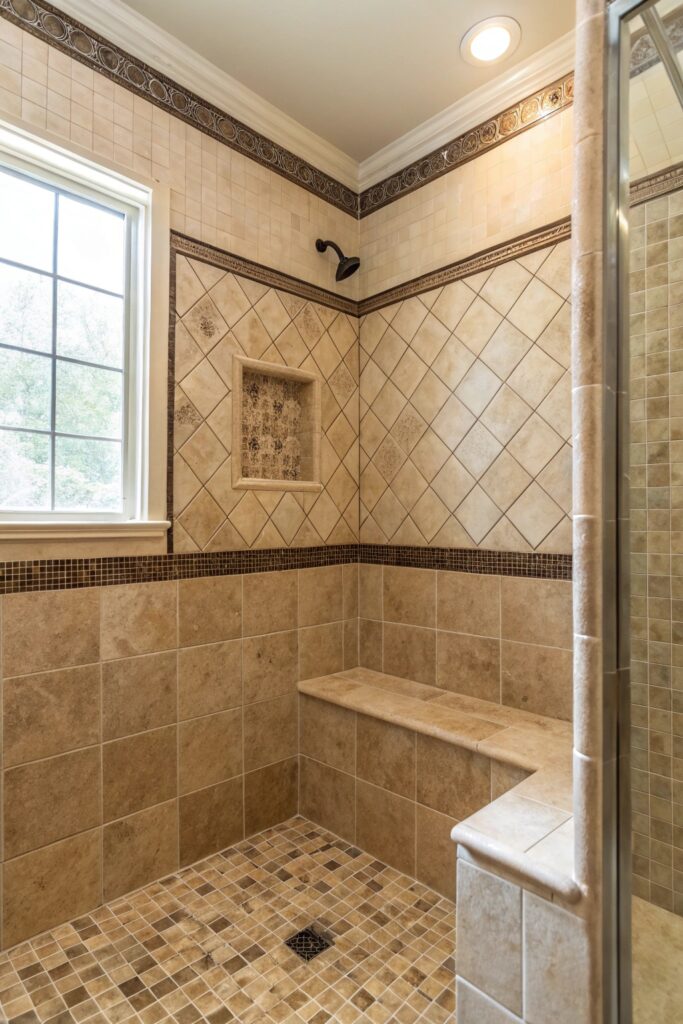 12 Shower Tile Combinations That Make Any Bathroom Look High-End two tone tile contrasting border shower
