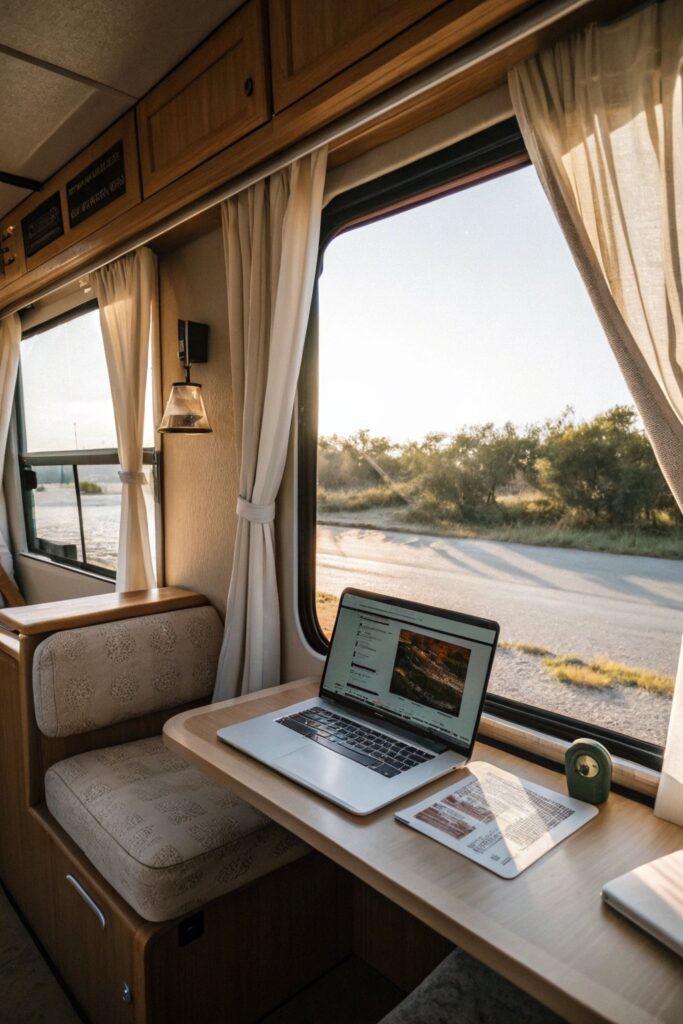 10 RV Home Office Inspiration Ideas for Working From Anywhere RV window facing workspace natural light
