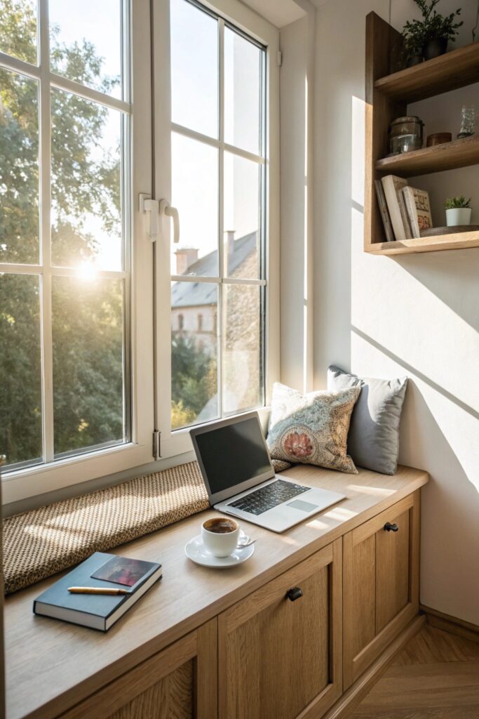 12 Home Office Ideas That Boost Productivity in Small Spaces window nook workspace small office