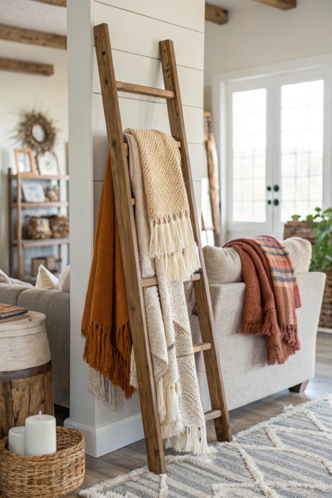 14 Cozy Home Decor Living Room Ideas for a Warm and Inviting Space blanket ladder basket cozy living room