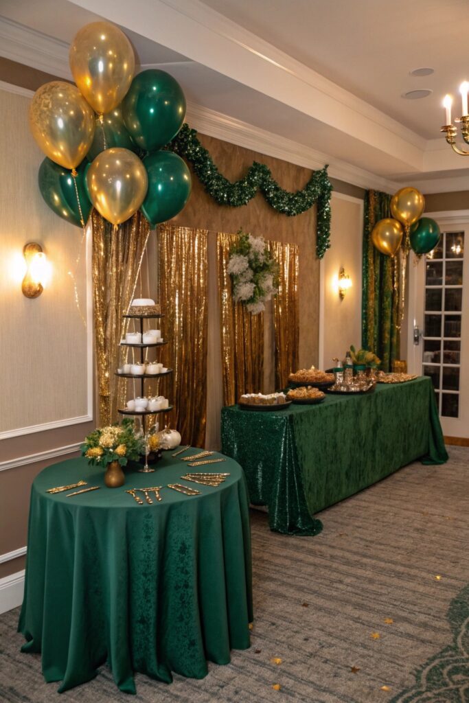 12 New Year's Eve Party Ideas That Everyone Will Remember "New Year's Eve party decor styled in emerald green and gold color scheme"