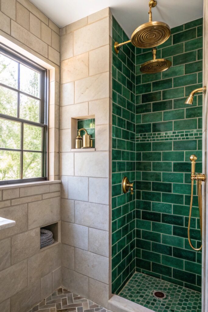 12 Shower Tile Combinations That Make Any Bathroom Look High-End bold colored tile statement wall shower
