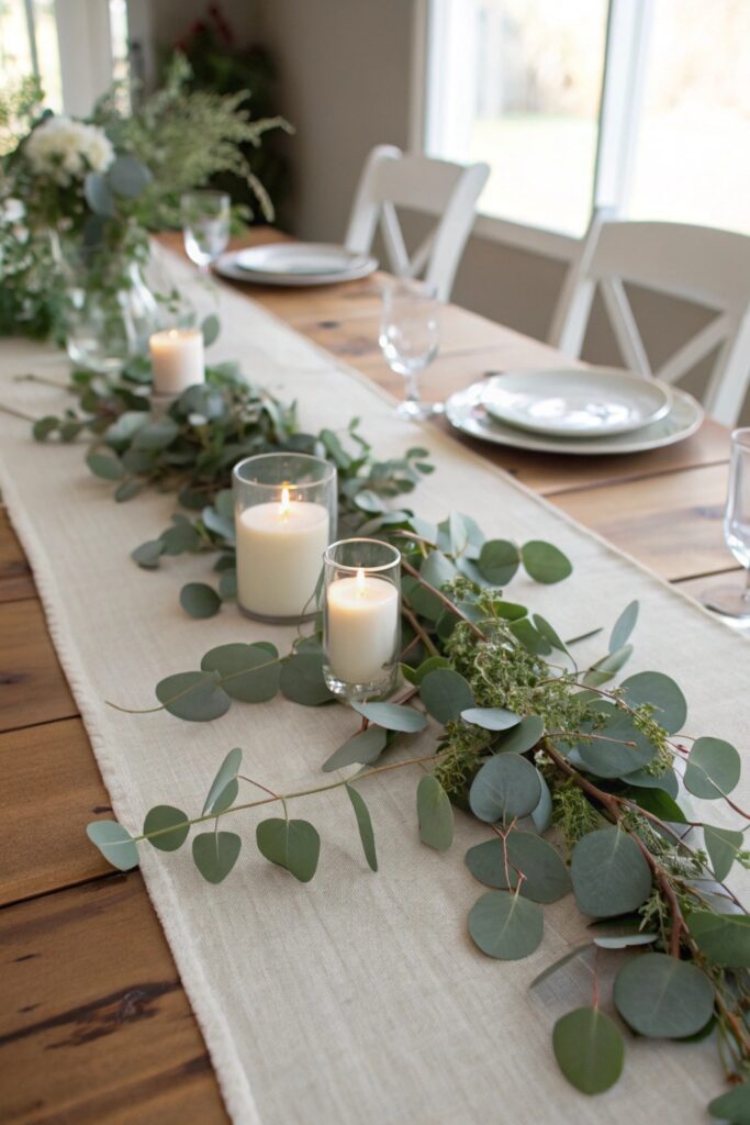 10 Faux Eucalyptus Decor Ideas That Look Surprisingly Real layer table runner eucalyptus decor