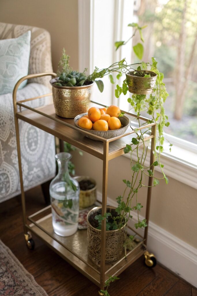 10 Bar Cart Ideas That Elevate Your Home Entertaining Game greenery fresh elements bar cart