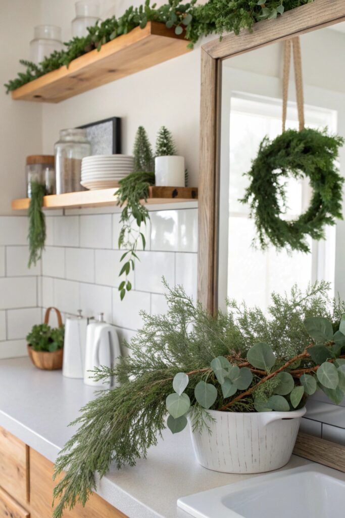 10 Minimalist Christmas Decorations for a Calm Holiday Home "Fresh eucalyptus and cedar greenery sprigs tucked on kitchen shelf for holiday decor"