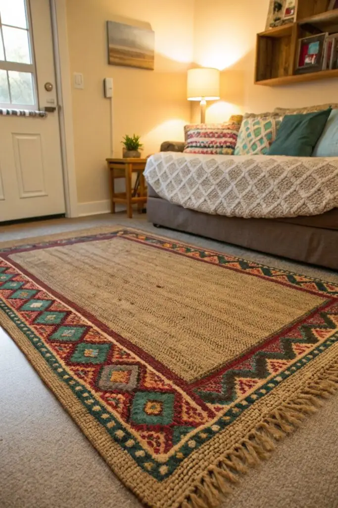 11 College Apartment Living Room Ideas That Are Stylish and Budget-Friendly layer rugs hide flooring college apartment