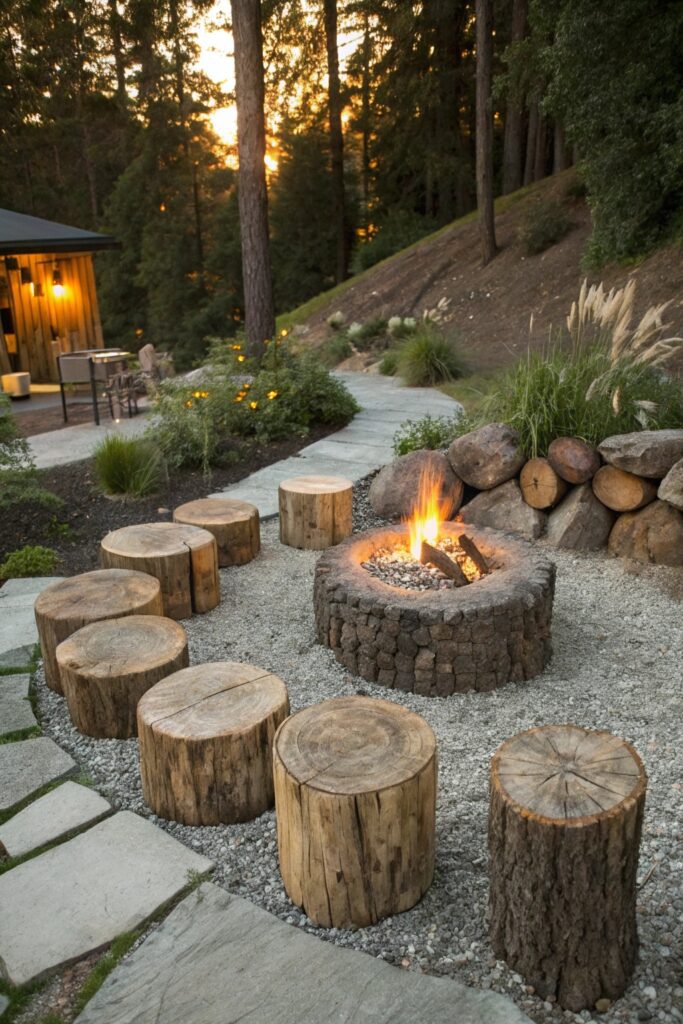 log stump seats natural fire pit